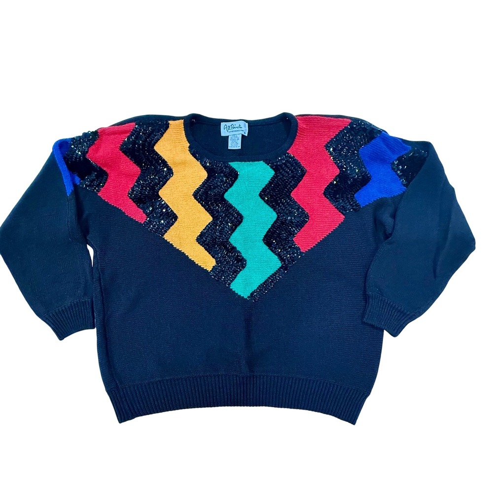 Vintage All Points Sequin Sweater By Reference Point Multi Color Sz Large (217)